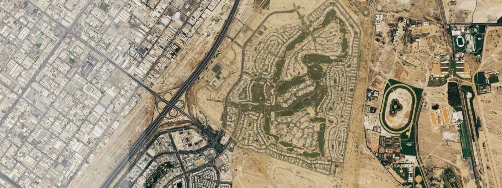 Dubai Hills Estate — aerial with community boundary highlight (Google Earth)
