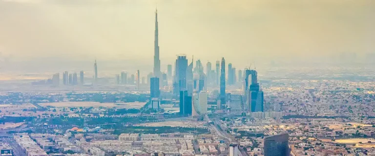 Aerial view of Dubai coastline and city